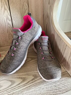 Skechers Women’s Gray and Bright Pink Slip-On Sneakers NWOT